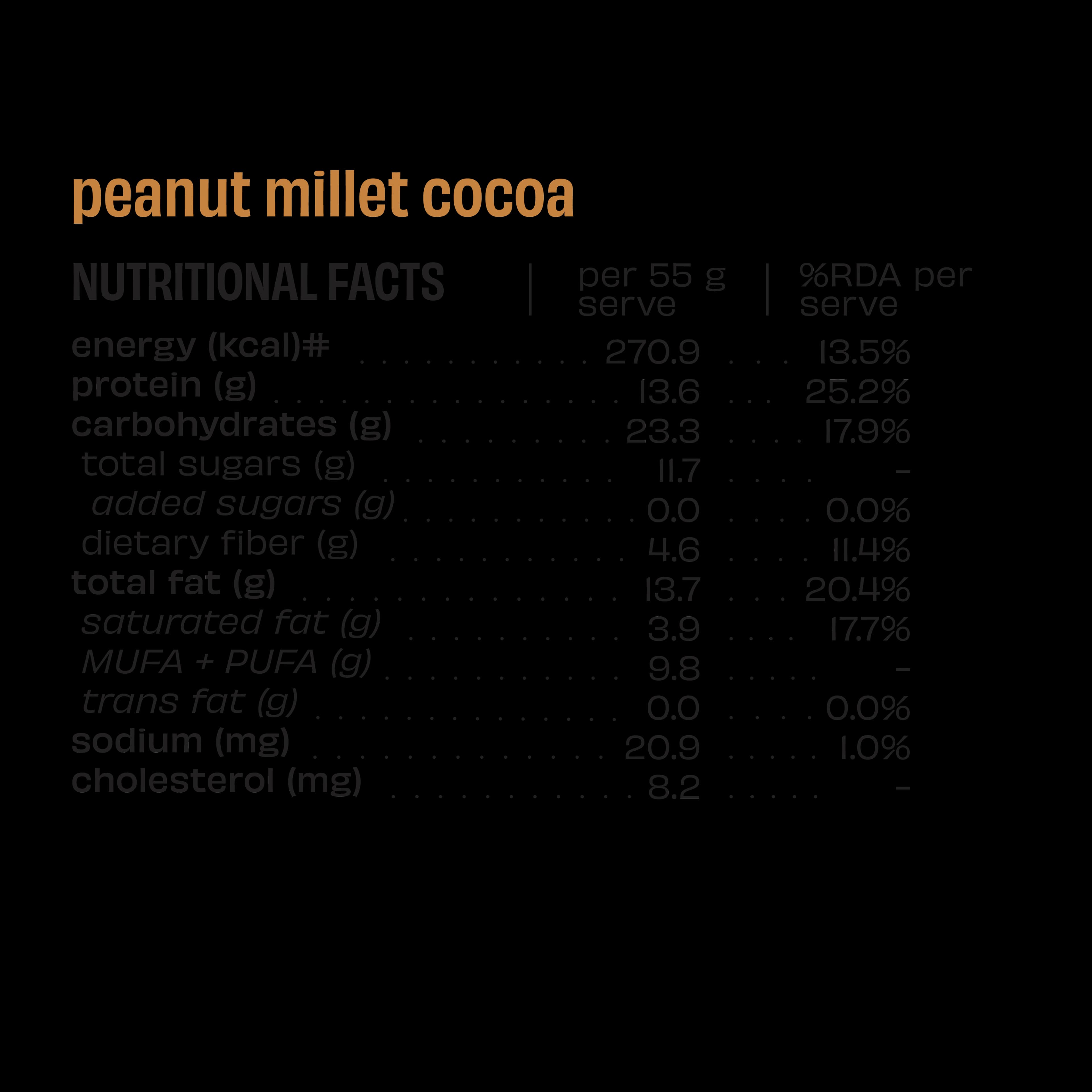 13g Millet Protein Bar, Peanut Millet Cocoa, Peanut Millet Cocoa